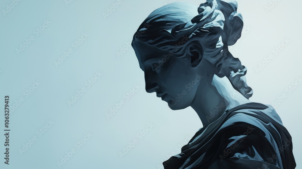 Elegant female statue silhouette, showcasing classical artistry and serene expression against a soft blue background. Elegant female statue silhouette, showcasing classical artistry and serene expression against a soft blue background.