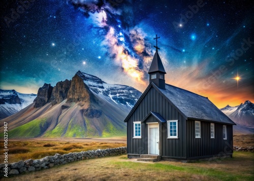 Stunning Double Exposure of Bakirkja Church in Snfellsnes with Dramatic Landscape and Starry Sky, Merging Nature and Architecture in a Captivating Visual Experience