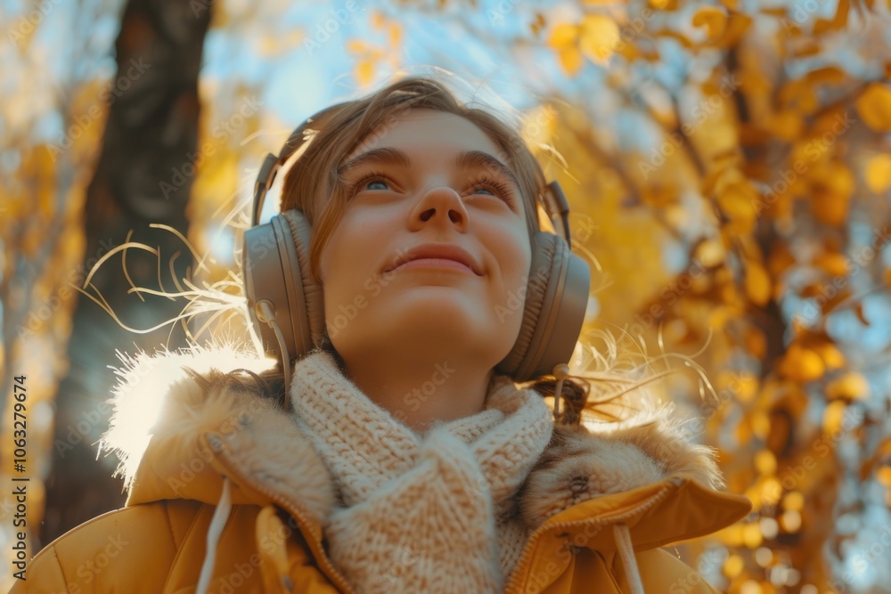 A woman wearing headphones and a scarf enjoying music outdoors A woman wearing headphones and a scarf enjoying music outdoors
