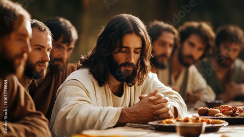 Scene, of Jesus Christ praying during the last supper with his apostles