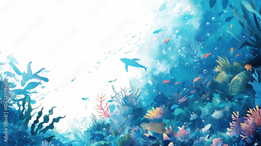 Obraz premium A vibrant underwater scene featuring colorful coral reefs and diverse marine life in shades of blue.