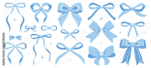 Blue bow illustration set. Simple hand drawn ribbon bow collection. Vector ribbons, silk bows for gifts, present knots, wrap pack. Bowknot for decoration, collection sillouette for celebration design 