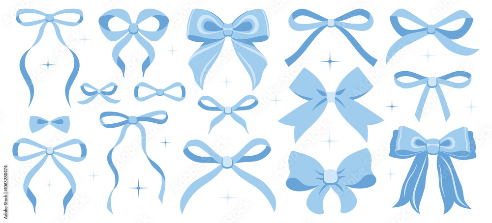 Blue bow illustration set. Simple hand drawn ribbon bow collection. Vector ribbons, silk bows for gifts, present knots, wrap pack. Bowknot for decoration, collection sillouette for celebration design Blue bow illustration set. Simple hand drawn ribbon bow collection. Vector ribbons, silk bows for gifts, present knots, wrap pack. Bowknot for decoration, collection sillouette for celebration design