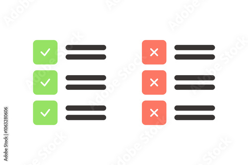 Tick mark and cross mark checklist icon. Business, task, report, schedule, plan concepts. Flat vector design isolated illustration. photo