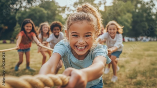 Kids having fun in a city park playing tug-of-war with rope with a group of happy multiethnic schoolchildren. Summer camp fun for kids.