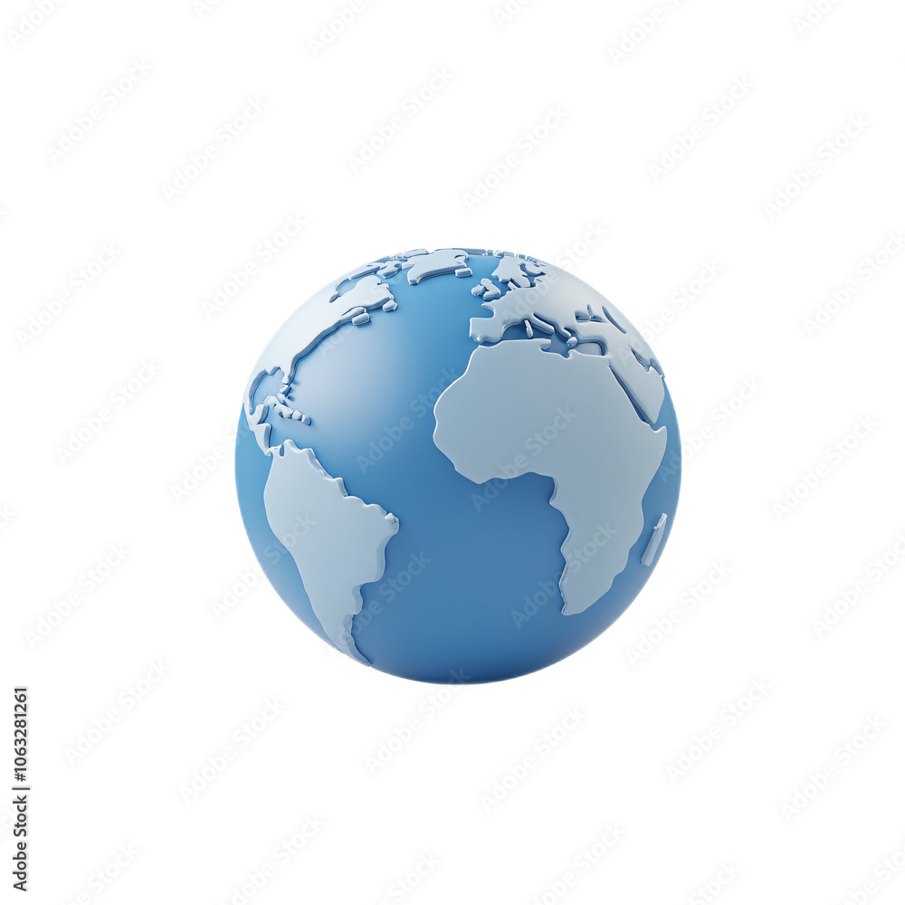 Blue 3D globe icon with continent details, floating over transparent background Blue 3D globe icon with continent details, floating over transparent background