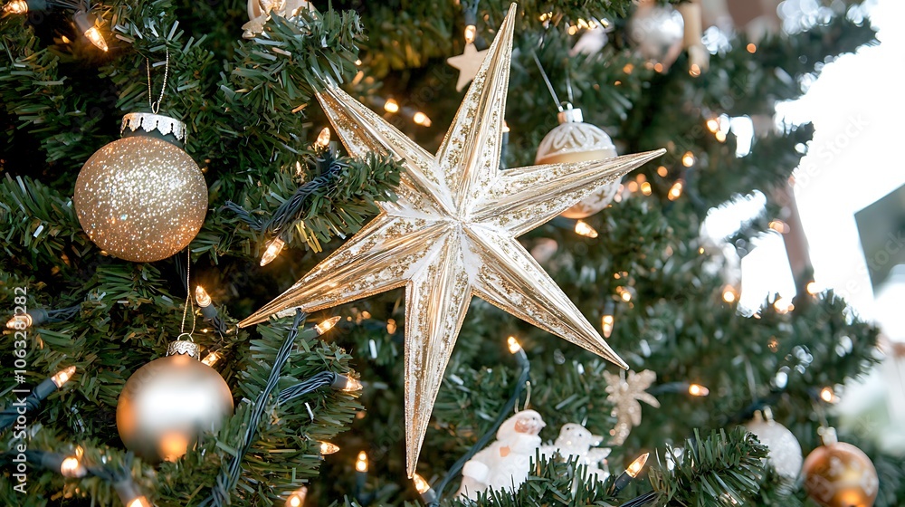 Beautiful Christmas Tree with Golden Ornaments and Star Decorations Beautiful Christmas Tree with Golden Ornaments and Star Decorations