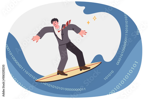 Business man is surfing internet, standing on surfboard gliding along waves of binary code