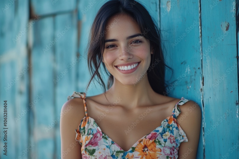 Fototapeta premium A beautiful young woman posing in front of a bright blue wall, perfect for editorial or commercial use