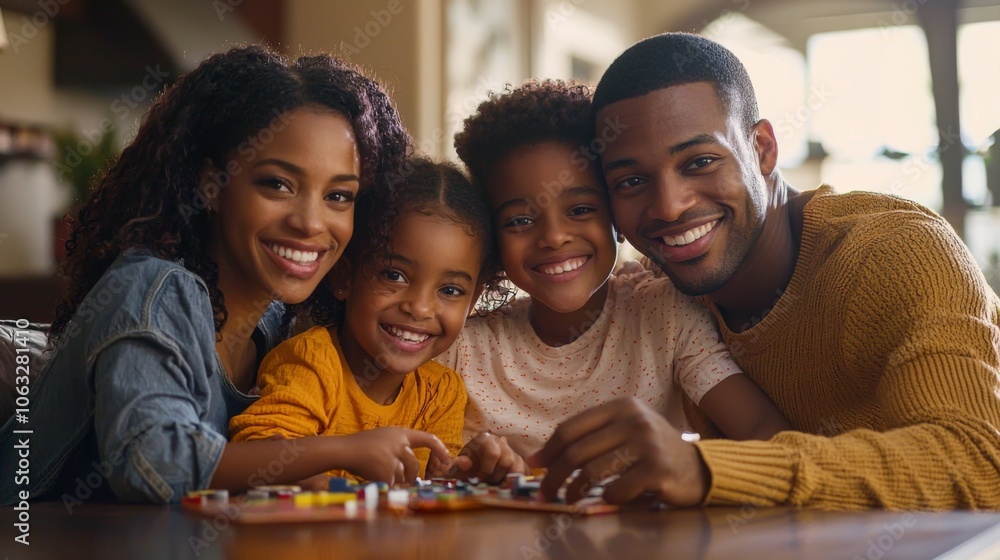 Happy family of four enjoying a board game at home, all smiling and engaged, togetherness Happy family of four enjoying a board game at home, all smiling and engaged, togetherness