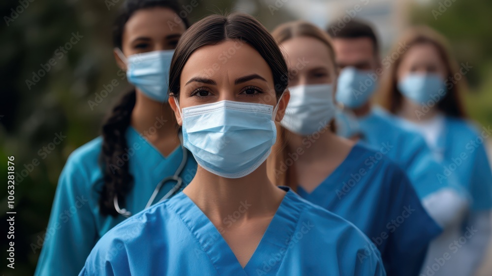 Group of focused medical professionals wearing protective surgical masks and scrubs, standing in a line outdoors. The image emphasizes teamwork, dedication, and the importance of healthcare Group of focused medical professionals wearing protective surgical masks and scrubs, standing in a line outdoors. The image emphasizes teamwork, dedication, and the importance of healthcare