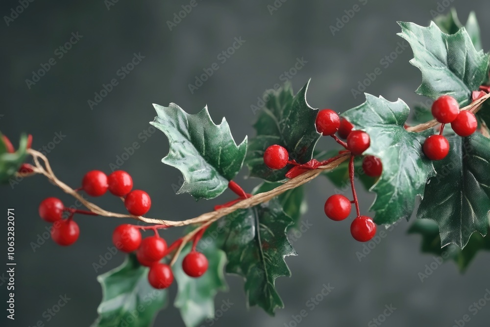 A close-up shot of a holly branch featuring bright red berries and lush green leaves A close-up shot of a holly branch featuring bright red berries and lush green leaves