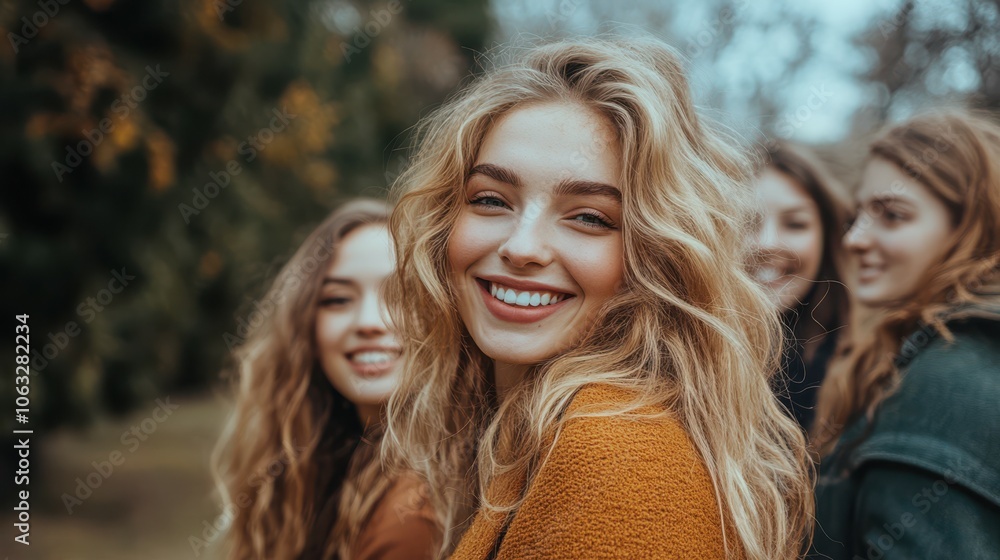 Obraz premium Photo of company friends women toothy smile good mood free time chill walk city park outdoors