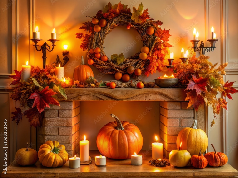 Obraz premium Stylish Autumn Fireplace Mantel Decor with Pumpkins, Wreath, Fall Leaves, Nuts, and Candles in a Modern Farmhouse Living Room Perfect for Thanksgiving and Halloween Celebrations