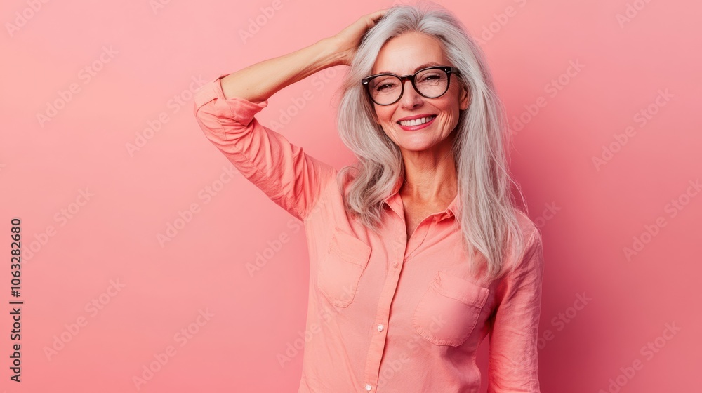 Photo of nice aged lady posing smile wear shirt isolated on pink color background Photo of nice aged lady posing smile wear shirt isolated on pink color background