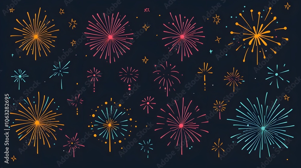 Hand-Drawn Fireworks Display on a Dark Background Hand-Drawn Fireworks Display on a Dark Background