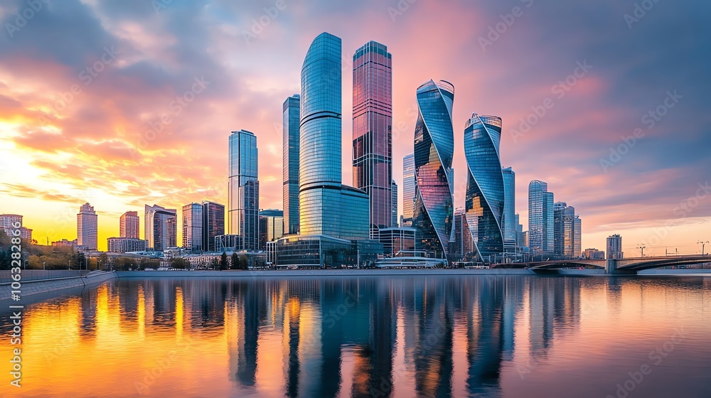 Fototapeta premium A panoramic view of the Moscow skyline at sunset.