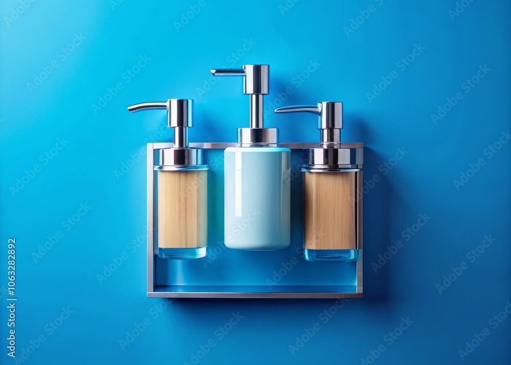 Stylish Dispenser for Soap, Brushes, and Bottles on a Vibrant Blue Background - Perfect for Modern Bathrooms and Kitchens, Showcasing Hygiene and Organization Solutions Stylish Dispenser for Soap, Brushes, and Bottles on a Vibrant Blue Background - Perfect for Modern Bathrooms and Kitchens, Showcasing Hygiene and Organization Solutions