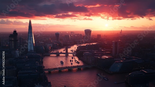 A panoramic view of the London skyline at sunset, with a pink and purple sky.