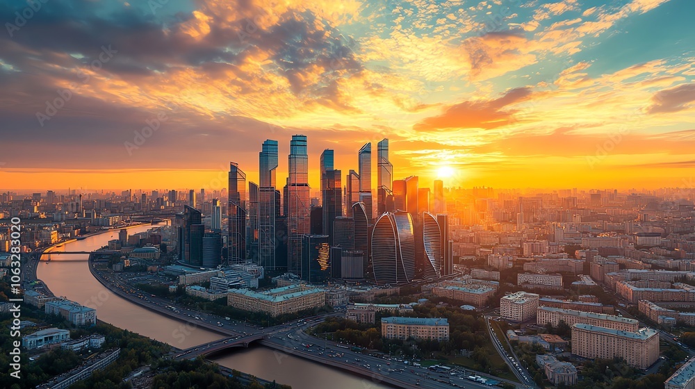 Fototapeta premium A panoramic view of the Moscow skyline at sunset.