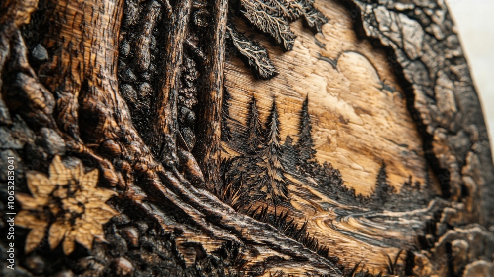 Intricate Wood Art. A close-up of a beautifully detailed pyrography piece showcasing nature scene Intricate Wood Art. A close-up of a beautifully detailed pyrography piece showcasing nature scene