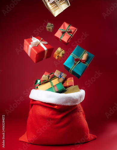 Santa's red sack filled with colorful Christmas gifts floating or flying isolated on Clean Red background