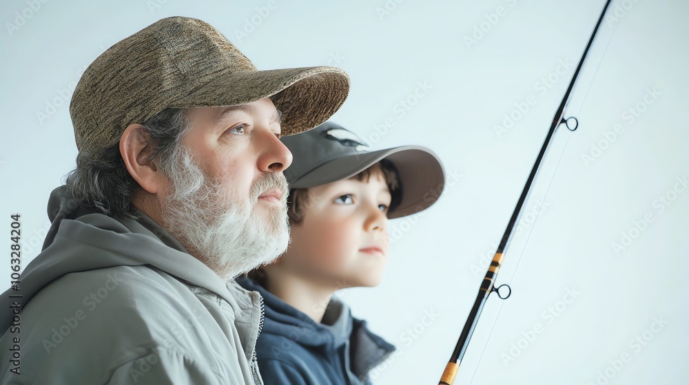 A father and son are looking out a window, holding a fishing rod. A father and son are looking out a window, holding a fishing rod.