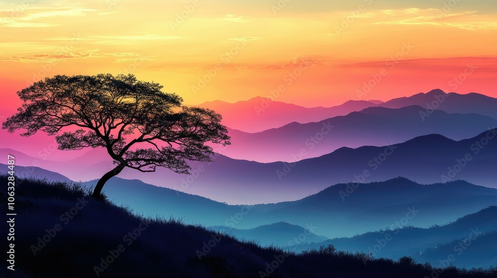 Silhouette of a Tree at Sunset Over Mountains Silhouette of a Tree at Sunset Over Mountains