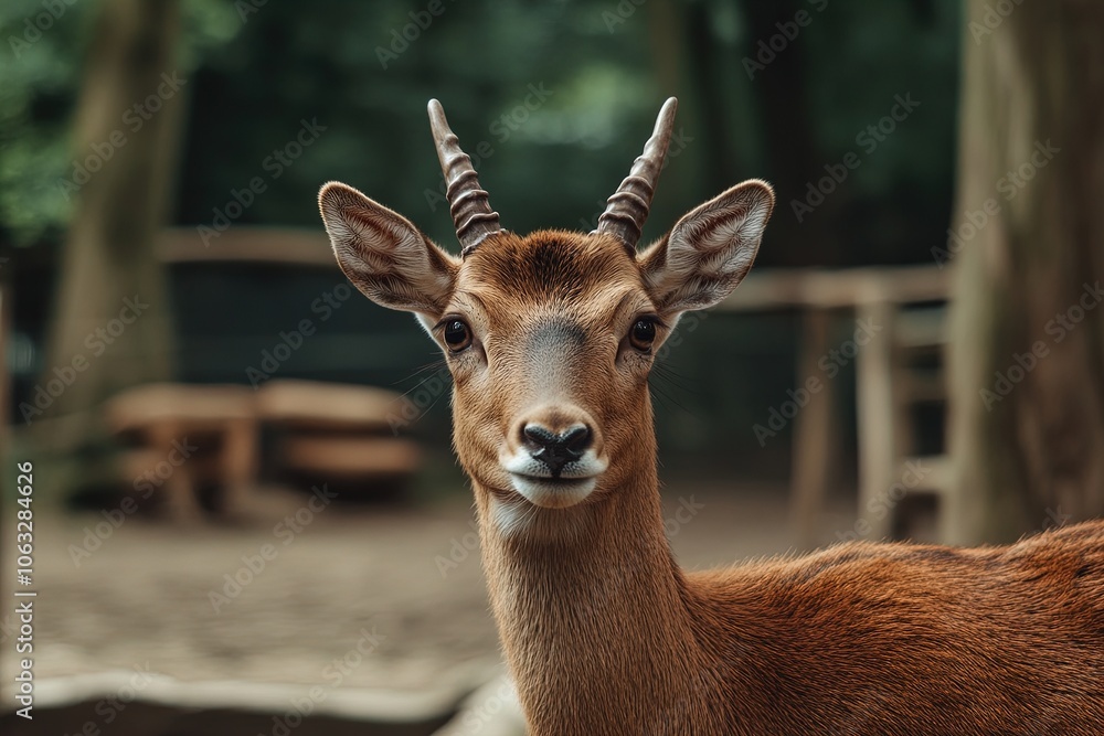 Young Deer With Antlers Gazes Calmly in a Wooded Area During a Bright Daylight Moment Young Deer With Antlers Gazes Calmly in a Wooded Area During a Bright Daylight Moment