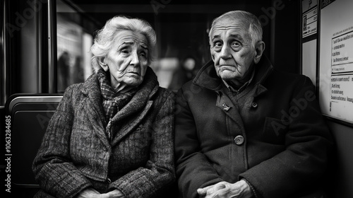 Two elderly people are sitting next to each other on the bus, their faces reflecting fatigue and sadness. Deep wrinkles and calm eyes create an atmosphere of time and history.