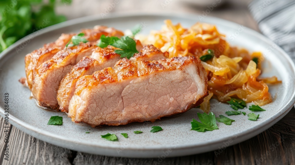 Plate contains piece of lean pork piglet tenderloin meat, garnished with stewed sour cabbage. Fried pork meat and vegetable side dish universal dish Plate contains piece of lean pork piglet tenderloin meat, garnished with stewed sour cabbage. Fried pork meat and vegetable side dish universal dish