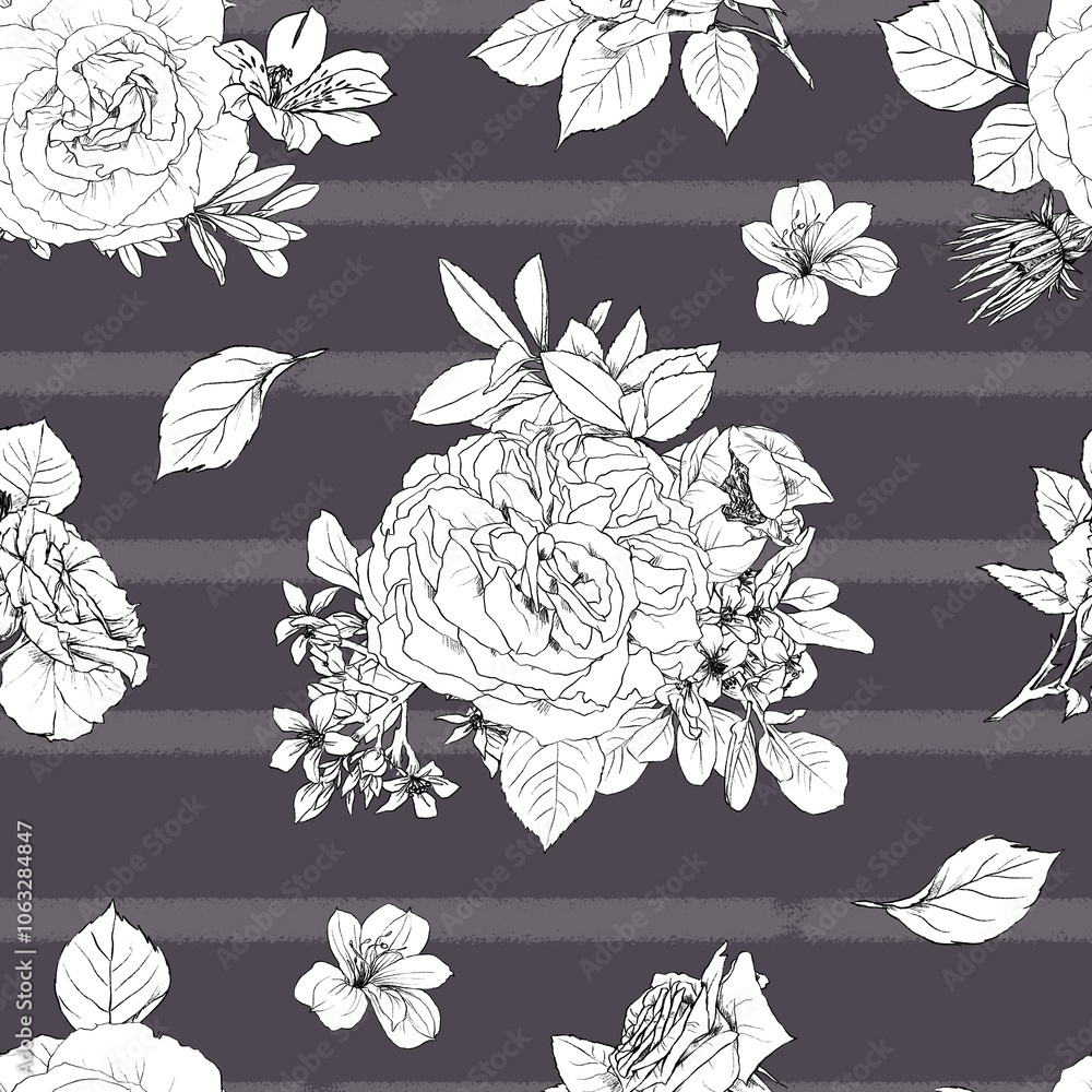 Fototapeta premium Hand drawn pencil graphic illustration seamless pattern of vintage flowers