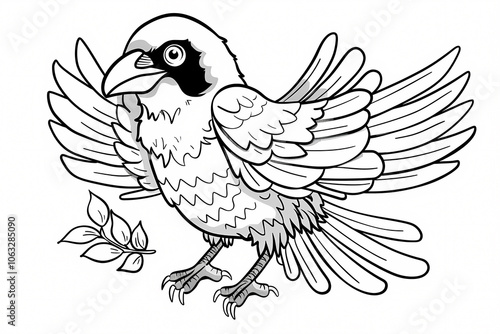 A detailed, black and white illustration of a bird in flight, showcasing its intricate wing patterns and a sprig of leaves nearby. photo