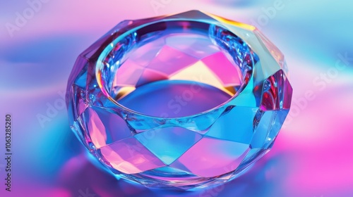 ridescent crystal ring with blue and pink gradient texture. Abstract geometric background with rainbow glossy clear shape. photo