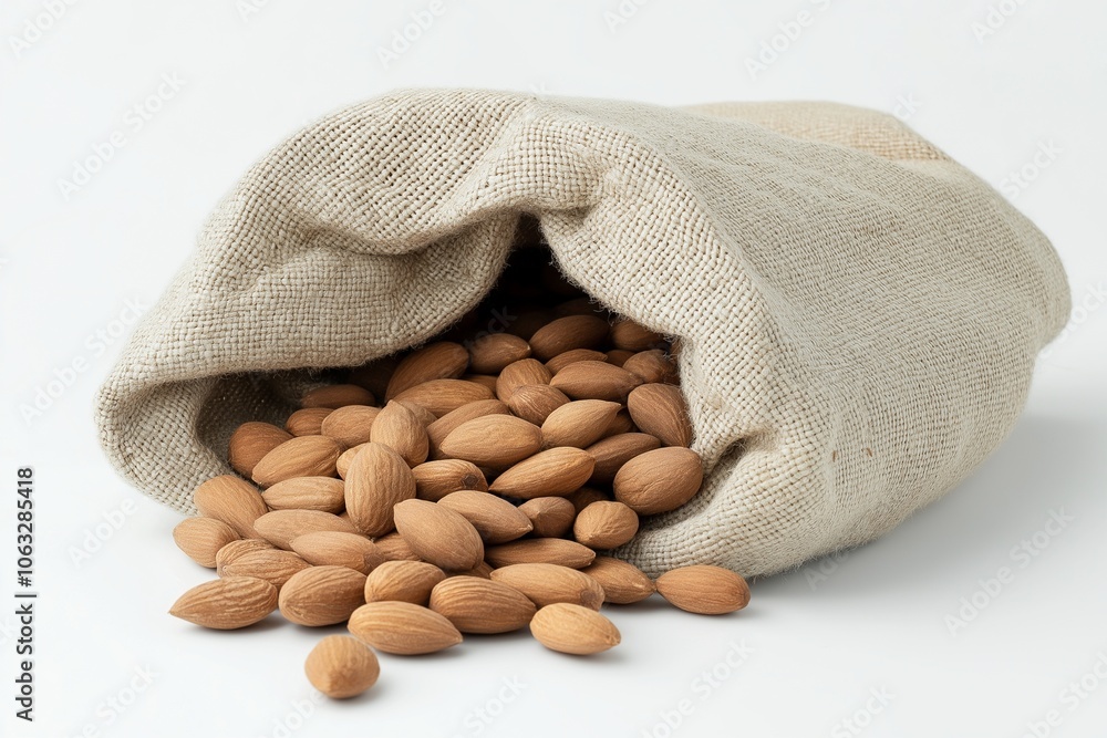 Almonds in cloth bag on white background Almonds in cloth bag on white background