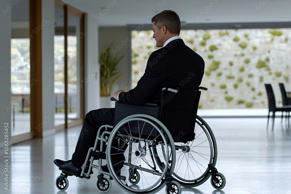an executive in charcoal suit leading meeting from wheelchair, office setting an executive in charcoal suit leading meeting from wheelchair, office setting