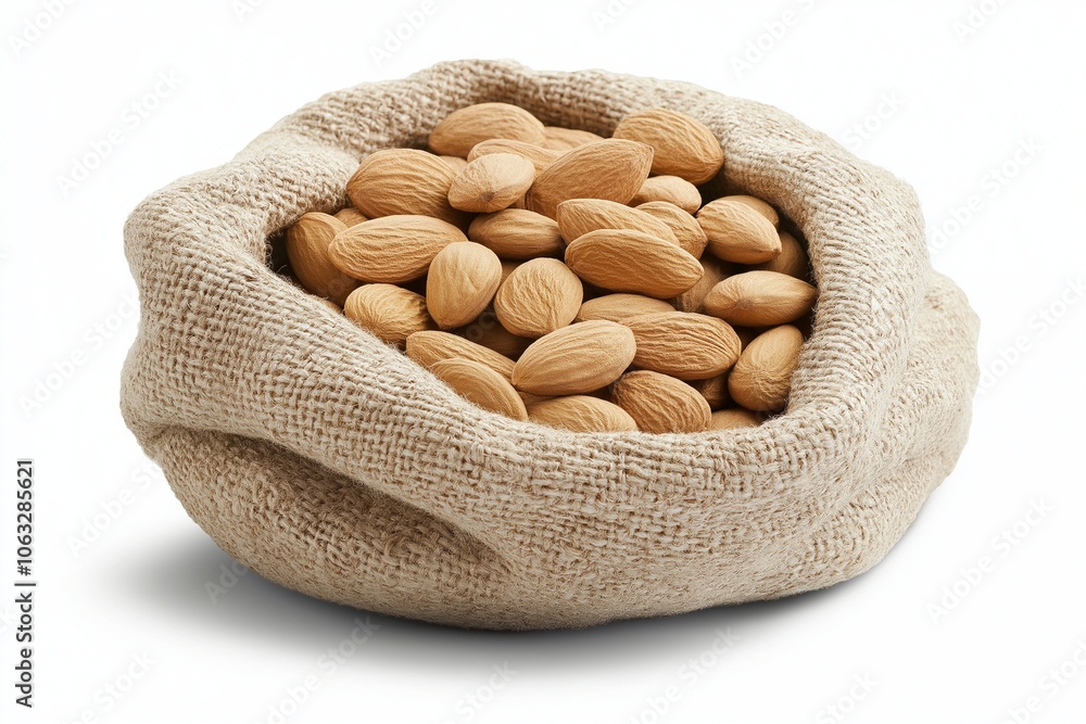 Almonds in cloth bag on white background Almonds in cloth bag on white background