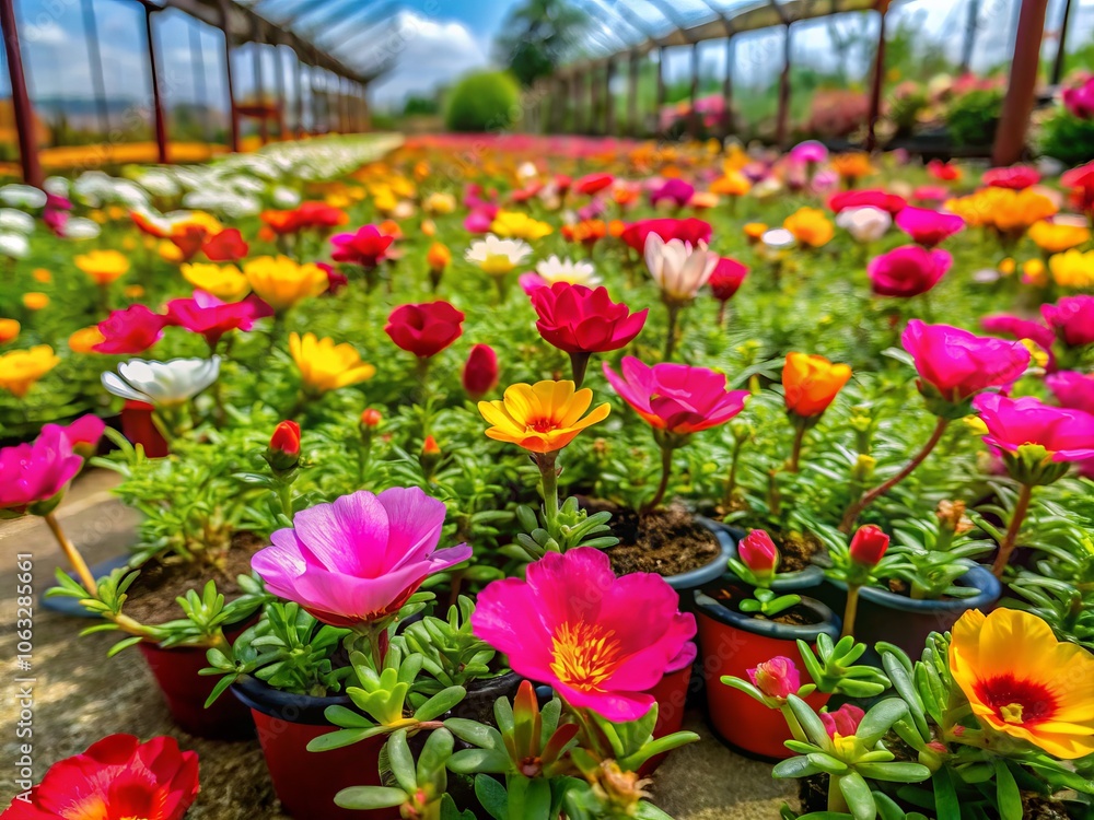 Surreal Portulaca Oleracea Flower Plant in Nursery Setting Emphasizing Its Medicinal Properties and Cash Crop Potential for Cardiac Tonic, Emollient, and Anti-inflammatory Treatments Surreal Portulaca Oleracea Flower Plant in Nursery Setting Emphasizing Its Medicinal Properties and Cash Crop Potential for Cardiac Tonic, Emollient, and Anti-inflammatory Treatments