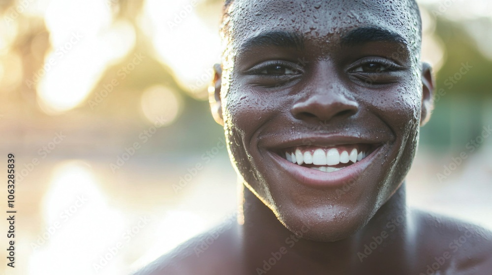 Close-up of athlete smiling after workout, showcasing accomplishment and joy of physical fitness Close-up of athlete smiling after workout, showcasing accomplishment and joy of physical fitness