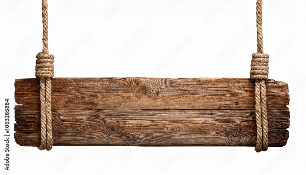 Rustic wooden rectangular sign, hanging by ropes, realistic, on isolate White background, PNG
