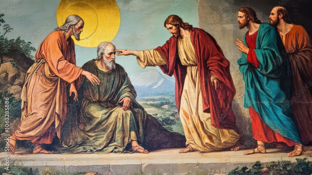 Fototapeta premium scene of Jesus appearing to Thomas, who doubts the resurrection until he touches Jesusâ€™ wounds, symbolizing the triumph of faith over doubt,