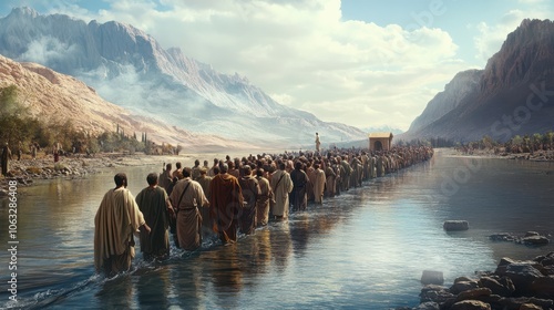 scene of Joshua leading the Israelites across the Jordan River into the Promised Land, symbolizing new beginnings and fulfillment of promises, photo