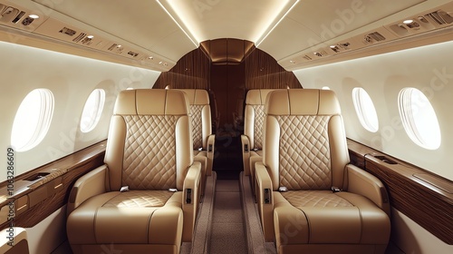 Empty airplane cabin seats with brown leather seats and white overhead lighting.