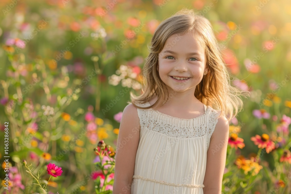 A young child stands amidst a colorful bloom, suitable for family or nature-themed projects A young child stands amidst a colorful bloom, suitable for family or nature-themed projects