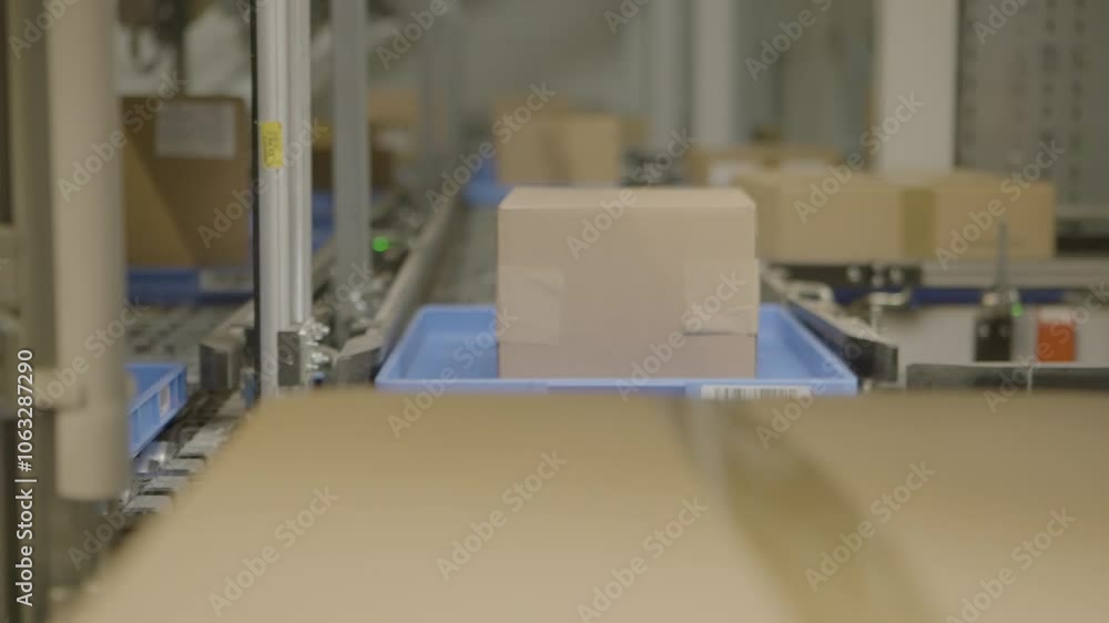 Packages move along a conveyor belt in a modern warehouse setting with automated sorting system Packages move along a conveyor belt in a modern warehouse setting with automated sorting system