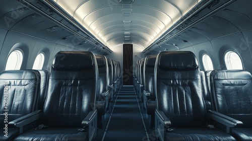 Empty airplane cabin seats with black leather seats and white overhead lighting.