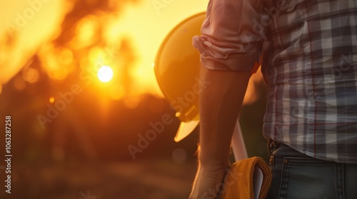 Obraz na płótnie A construction worker holds a hard hat and plans, silhouetted against a vibrant sunset, symbolizing resilience and dedication in the workplace. w salonie