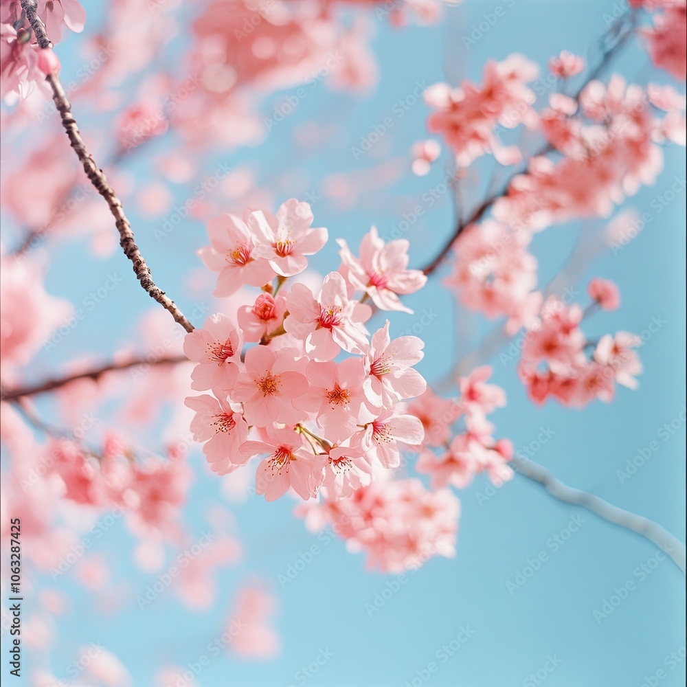 Cherry blossoms in full bloom against a clear blue sky Cherry blossoms in full bloom against a clear blue sky