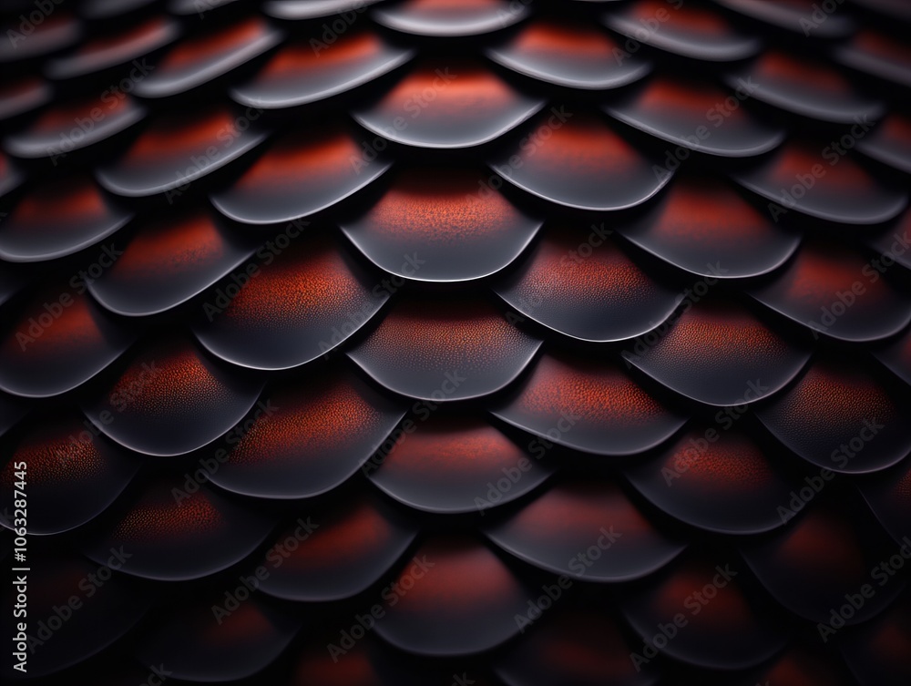 A close-up view of glossy, textured red and black scales, evoking a sense of strength, mystery, and elegance A close-up view of glossy, textured red and black scales, evoking a sense of strength, mystery, and elegance