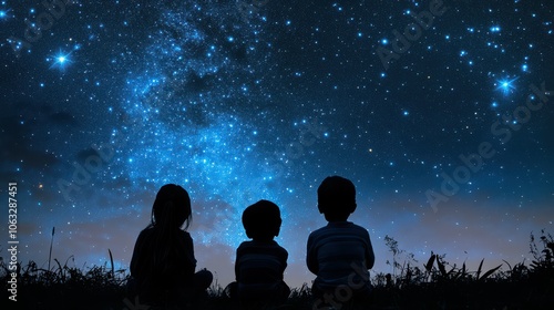 silhouette of back view children which looking on the christmas beautiful night sky full of stars